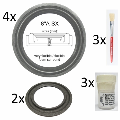 Gale GS401A, 401B, 401C - Reparatieset: 4x 8"A-SX rand, 2x 4"PEE-X rand, 3x lijm, 3x penseel.